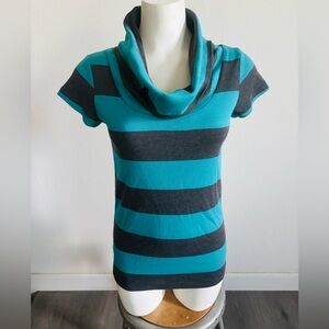 Striped Teal & Gray Cowl Neck Top